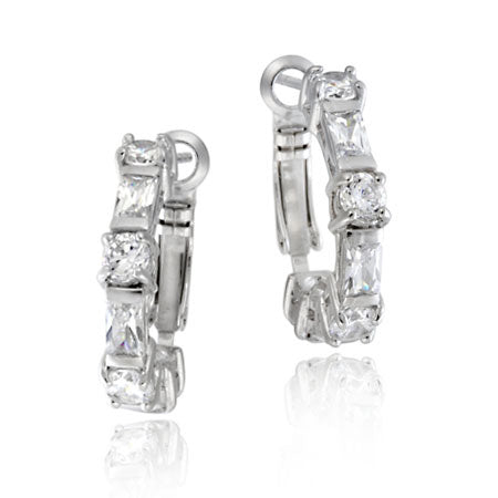 Sterling Silver Round & Rectangle CZ Half Hoop Earrings