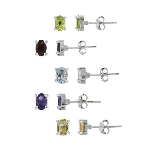 Sterling Silver Oval Amethyst, Citrine, Peridot, Garnet, and Blue Topaz Stud Earring Set