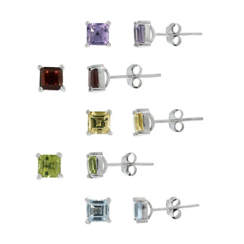 Sterling Silver 4mm Square Amethyst, Citrine, Peridot, Garnet, and Blue Topaz Stud Earrings Set