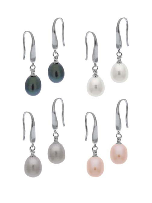 Sterling Silver 8-9mm Genuine Freshwater Cultured White, Pink , Grey, Peacock Dangle Earrings Set