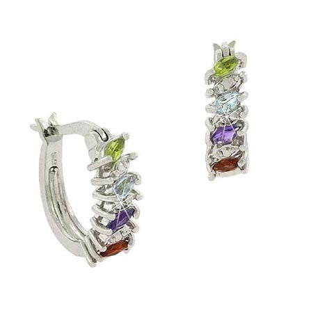 Sterling Silver Multi Gemstone & Diamond Accent Half Hoop Earrings