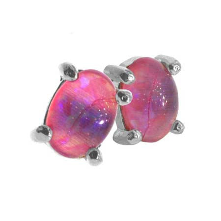 Sterling Silver .925 Fiery Created Pink Opal Stone Oval Small Stud Earrings