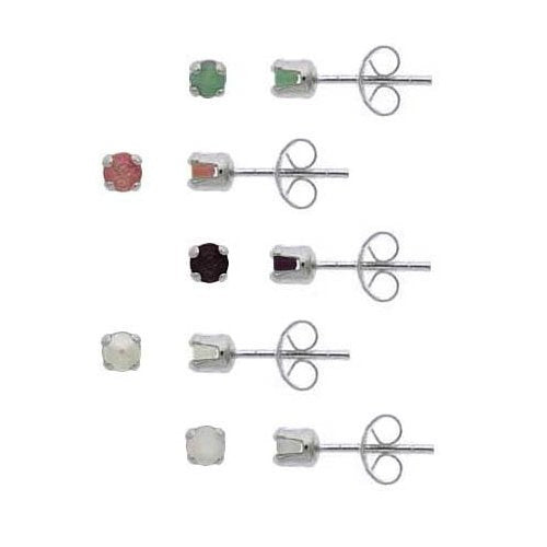 Sterling Silver 3mm Round Genuine Ruby, Emerald, Sapphire, Opal, Pearl Stud Earring Set