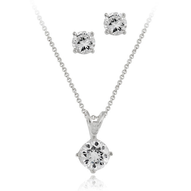 Sterling Silver Round CZ Solitaire Pendant & Stud Earrings Set