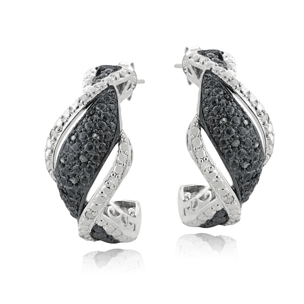 1/4 Ct Black & White Diamond Twist Half Hoop Earrings