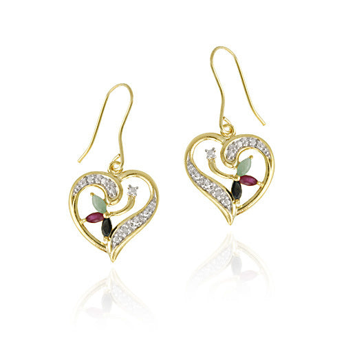 18K Gold over Sterling Silver Ruby, Sapphire, Emerald & Diamond Heart Dangle Earrings