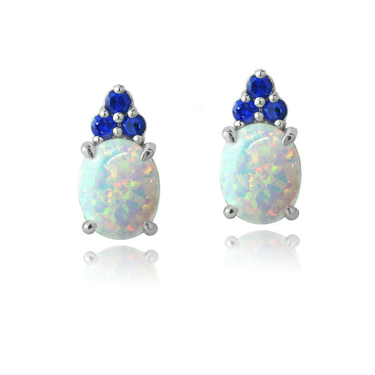 Sterling Silver Created White Opal & Blue Sapphire Oval Drop Earrings