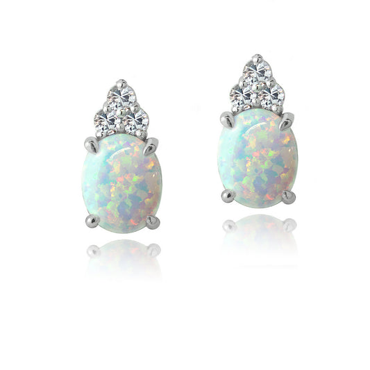 Sterling Silver Created White Opal & White Sapphire Oval Drop Earrings