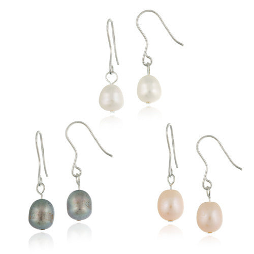 Sterling Silver Baroque Freshwater Cultured Pearl White, Peach, Grey, 3 Set Earrings