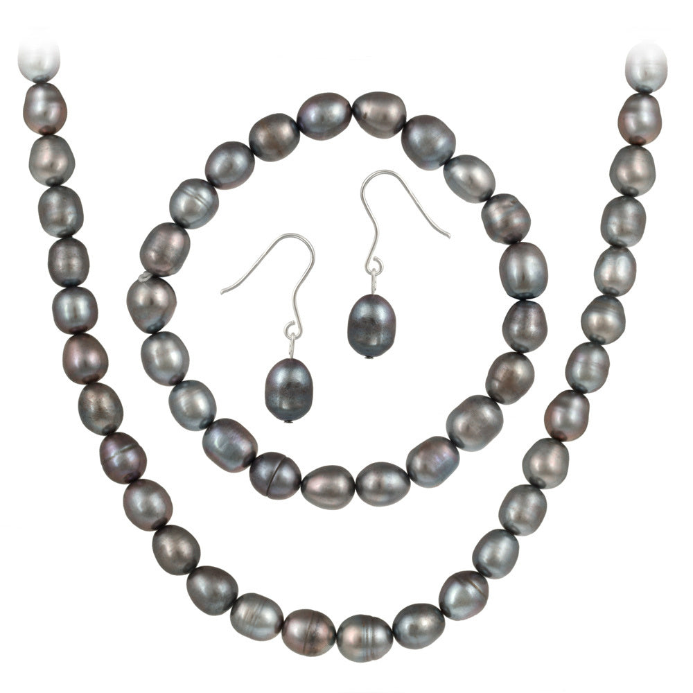 Sterling Silver Freshwater Cultured Grey Pearl Necklace, Bracelet, Earring Jewelry Set