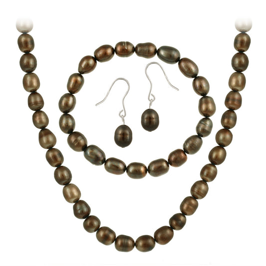 Sterling Silver Freshwater Cultured Brown Pearl Necklace, Bracelet Earring Jewelry Set