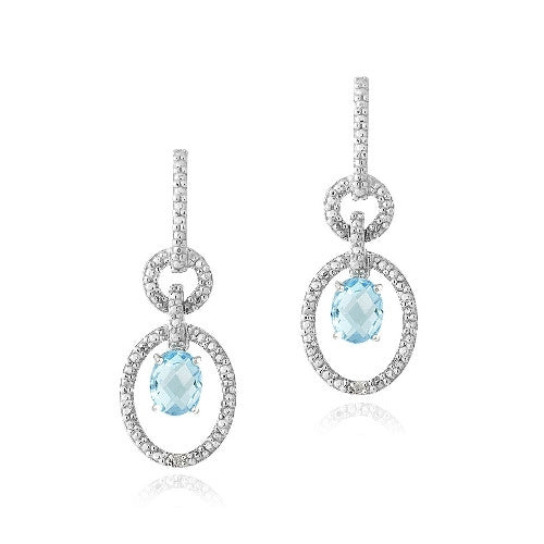 Sterling Silver 3ct Swiss Blue Topaz & Diamond Accent Oval & Round Dangle Earrings