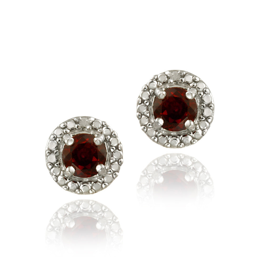 Sterling Silver Garnet & Diamond Accent Stud Earrings