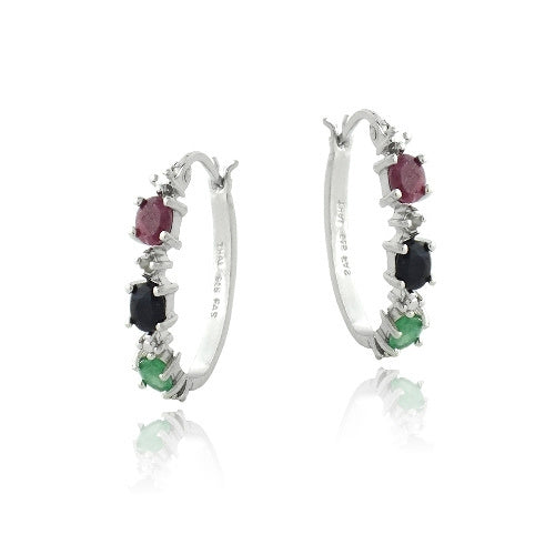 Sterling Silver Ruby, Sapphire, Emerald & Diamond Accent Oval Hoop Earrings