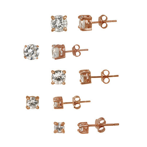 18K Rose Gold over Sterling Silver 5-Pair Round CZ Stud Earrings Set