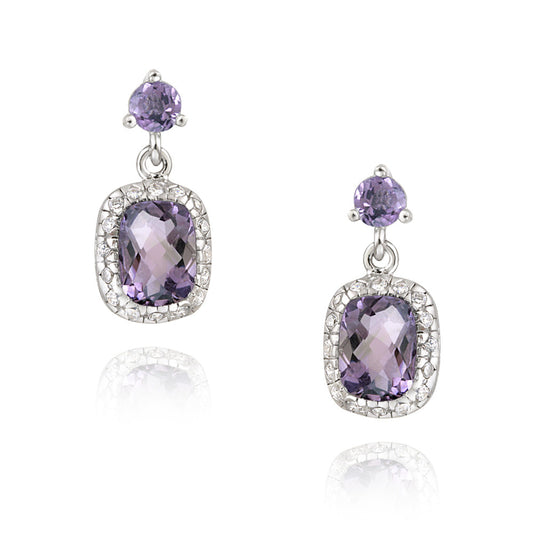 Sterling Silver Amethyst & CZ Rectangle Dangle Earrings