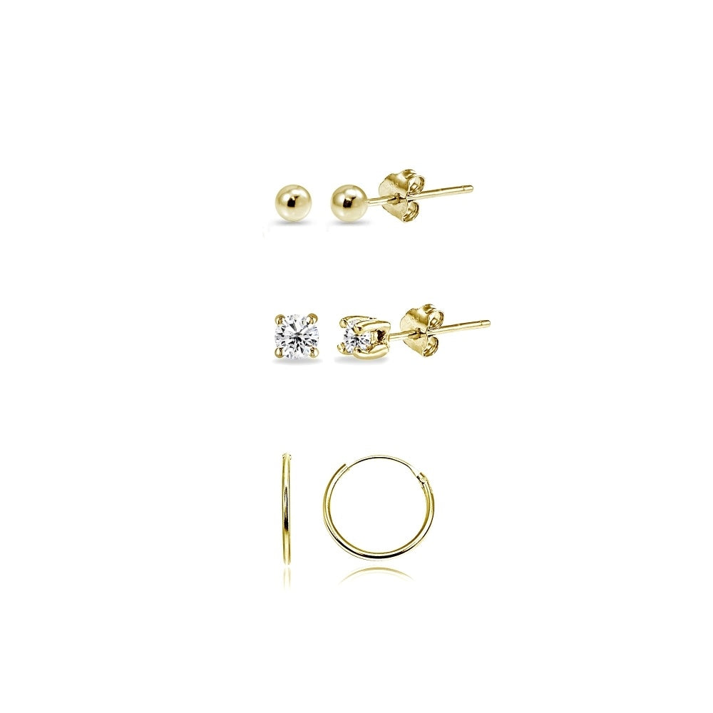 3 Pr Gold Flash Silver 10mm Endless Hoops, Round 2mm CZ & Bead Stud Earrings Set