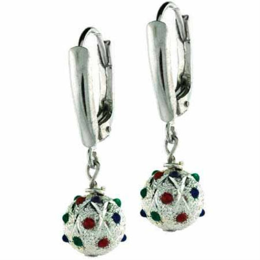 Sterling Silver Green, Red, & Blue CZ Bead Lever-Back Earrings