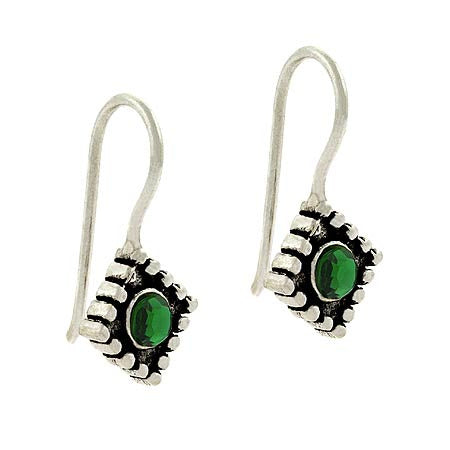 Sterling Silver Green Rhinestone & Bali Bead Aztec Drop Earrings