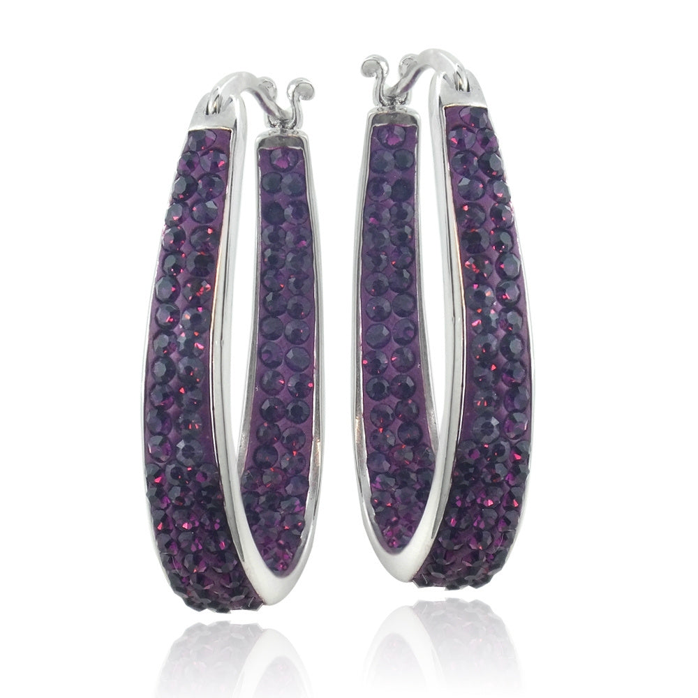 Silver Tone Purple Crystal Inside-Out Oval Hoop Earrings