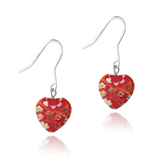 Sterling Silver Murano Glass Red Oval Flower Millefiori Heart Earrings Valentine's Day