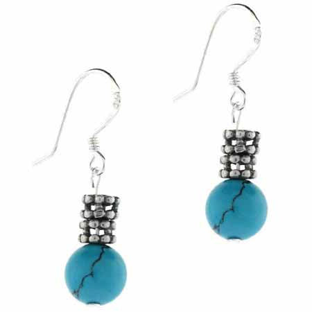 Sterling Silver Turquoise Stone & Bali Bead Dangle Earrings