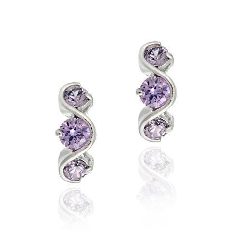 Sterling Silver Amethyst CZ Three Stone S Design Earrings