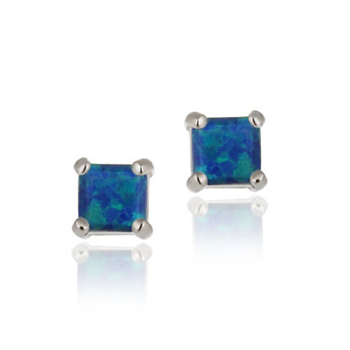 Sterling Silver 6mm Square Created Blue Opal Stud Earrings