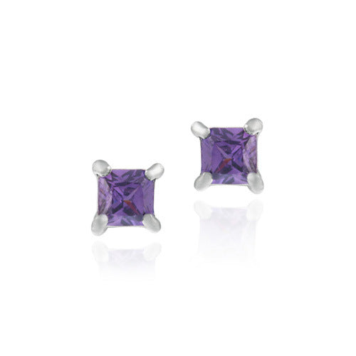 Sterling Silver Amethyst CZ Square Stud Earrings