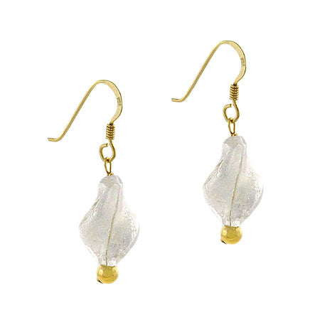 18K Gold over Stelring Silver White Twist Foil Glass Dangle Earrings