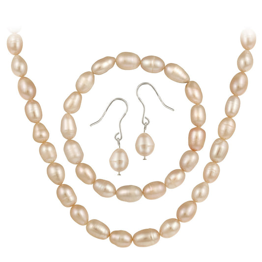 Sterling Silver Freshwater Cultured Pink Pearl Necklace, Bracelet Earring Jewelry Set