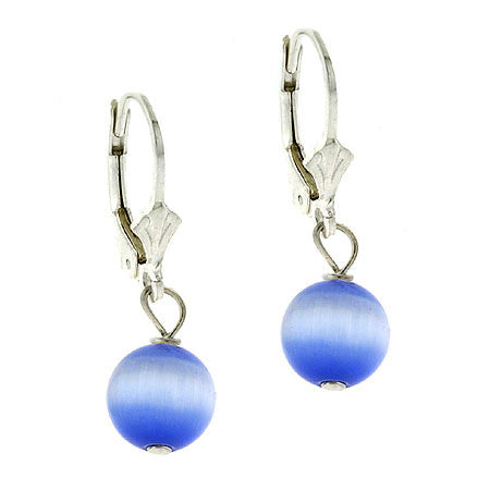 Sterling Silver 8mm Blue Cats Eye Bead Lever-Back Earrings