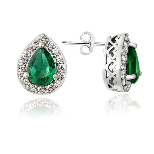 Sterling Silver Created Green Quartz & White Sapphire Teardrop Stud Earrings