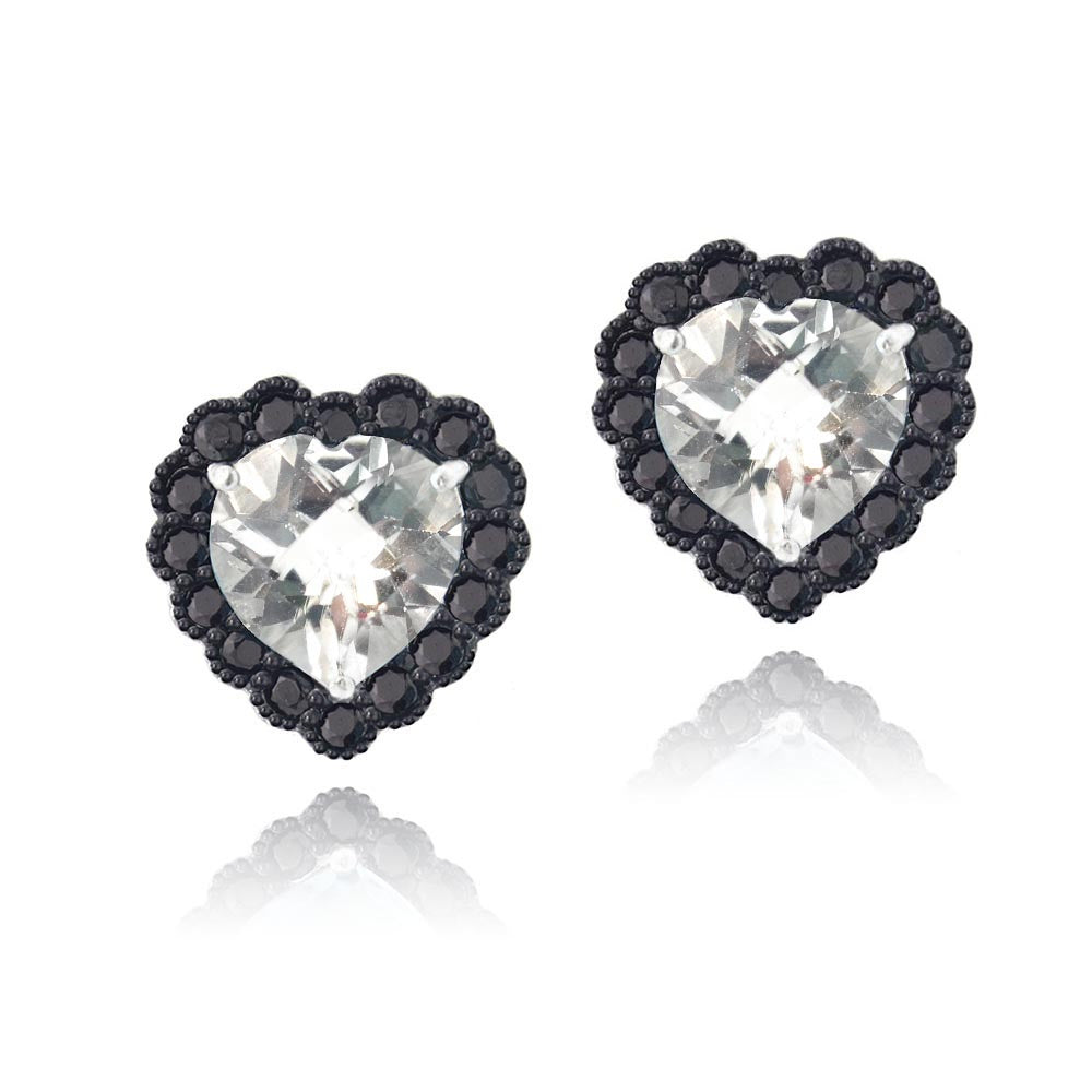 Sterling Silver 4.5ct White Topaz & Black Spinel Heart Stud Earrings