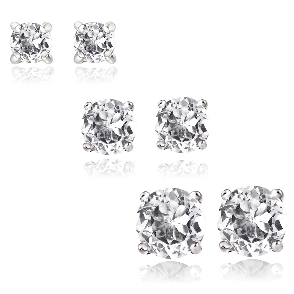 Sterling Silver 2ct White Topaz 3, 4 & 5mm Round Stud Earrings Set of 3