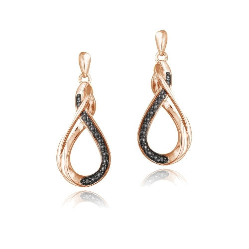 18K Rose Gold over Silver Black Diamond Accent Twisted Teardrop Dangle Earrings