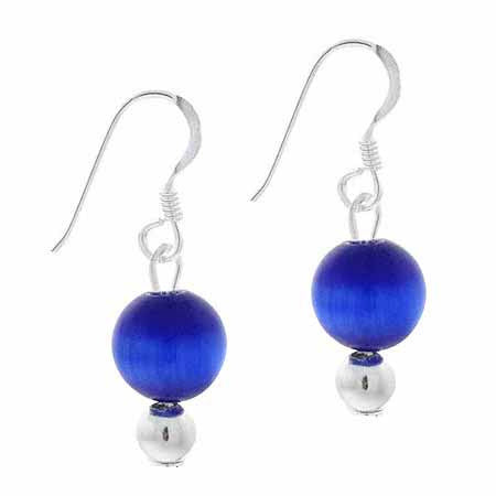 Sterling Silver 6mm Dark Blue Cats Eye Bead Dangle Earrings