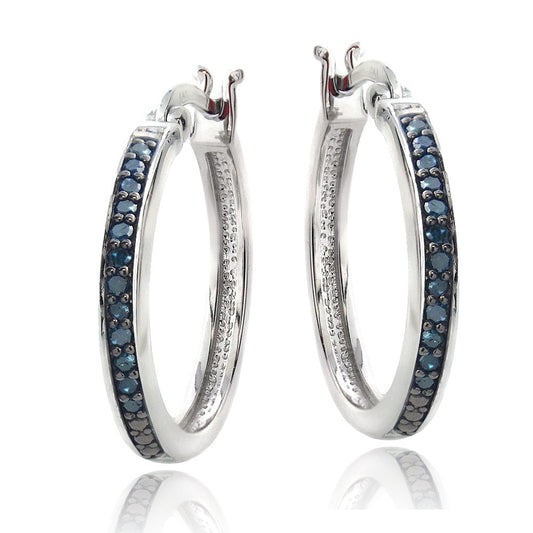 Sterling Silver 1/4ct Blue Diamond 20mm Hoop Earrings