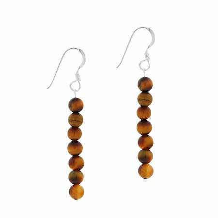 Sterling Silver 4mm Tiger Eye Beaded Dangle Earrings