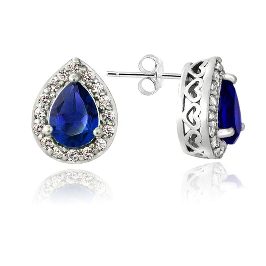 Sterling Silver Created Blue & White Sapphire Teardrop Stud Earrings