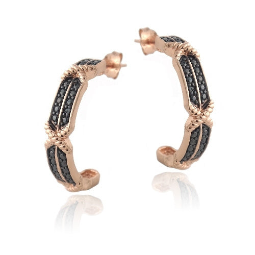 18K Rose Gold over Sterling Silver Black Diamond Accent X & Bar Half-Hoop Earrings