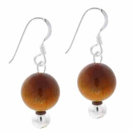 Sterling Silver 8mm Tiger Eye Bead Dangle Earrings