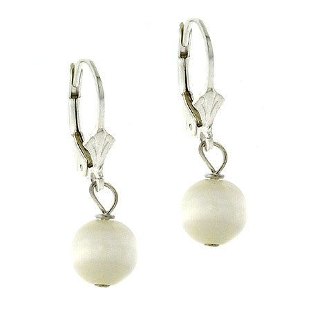 Sterling Silver 8mm White Cats Eye Bead Lever-Back Earrings