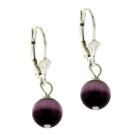 Sterling Silver 8mm Purple Cats Eye Bead Lever-Back Earrings