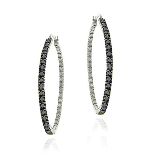 Sterling Silver Black Diamond Accent 35mm Hoop Earrings