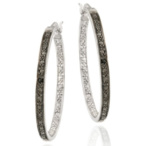 Sterling Silver Black Diamond Accent Hoop Earrings