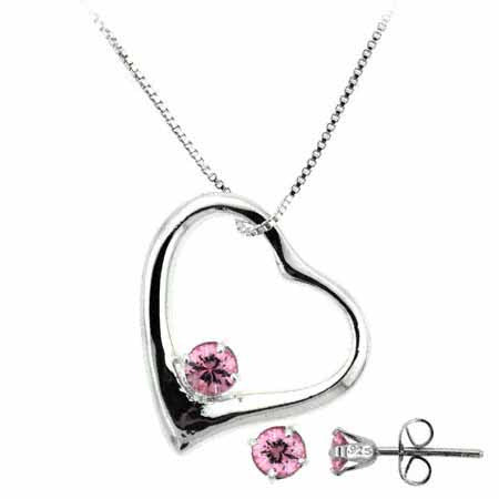 Sterling Silver Pink CZ Open Heart Pendant and Stud Earrings Set