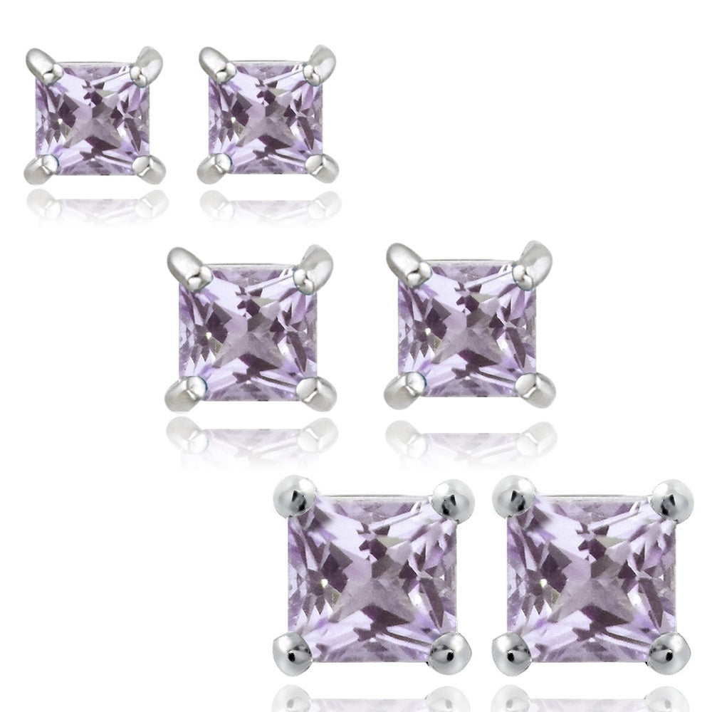 Sterling Silver 2ct Amethyst 3, 4 & 5mm Square Stud Earrings Set of 3