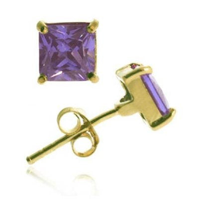 18k Gold over Sterling Silver Purple CZ 5mm Square Stud Earrings