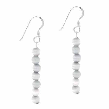 Sterling Silver 4mm White Cats Eye Beaded Dangle Earrings